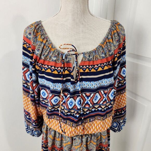 Betsey Johnson Dress Womens 12 Peasant Smocked Waist Boho Aztec Southwestern - Picture 2 of 16